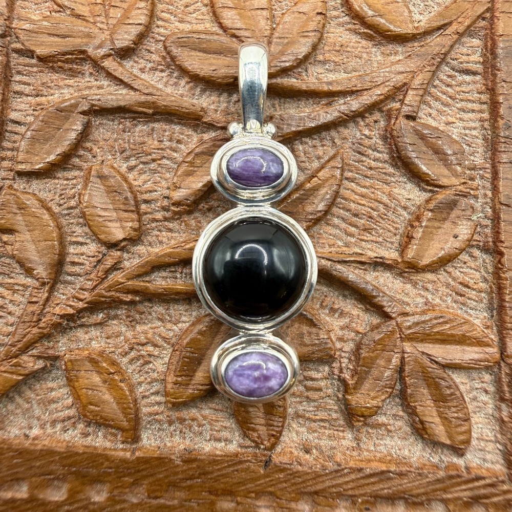 SARDA Sterling Silver Pendant Amethyst Stone and Black Onyx Multi Stone Vertical